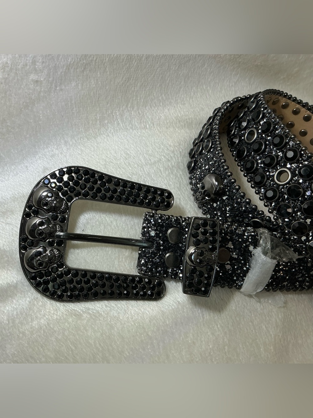 NEW! Black Rhinestone-studded Glitter Skull Leather Belt NWT